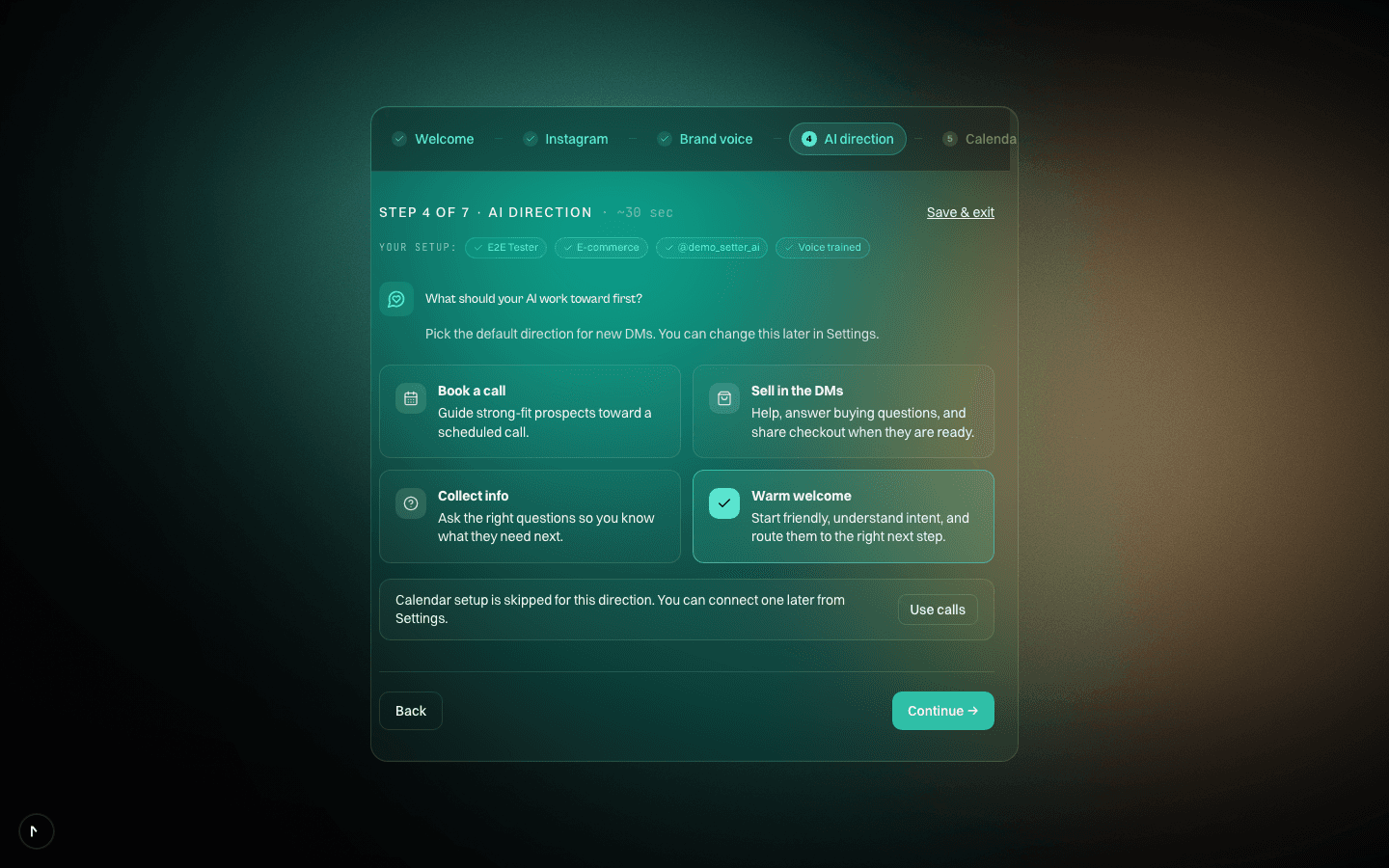 Setup step 4, Pick what it should do: four direction cards — Book a call, Sell by chat, Collect info, and Warm welcome.